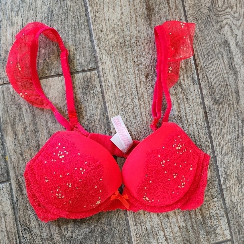 Victoria's Secret Red Sequin Lace Holiday Occasion Bra 32b Xs